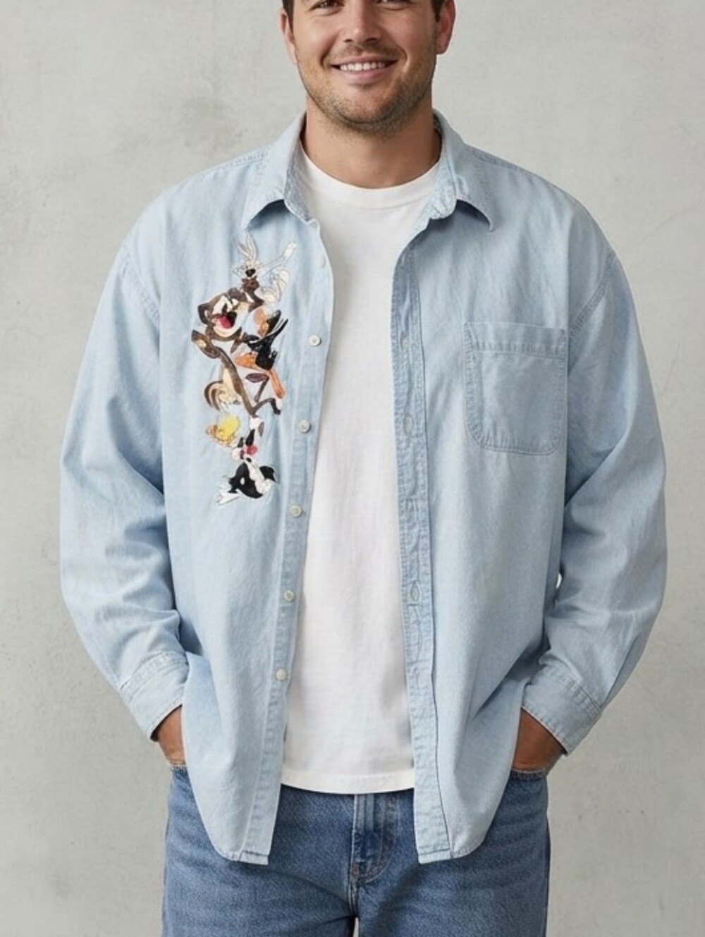Vintage Looney Tunes Denim Button-Down Shirt Unisex 2XL